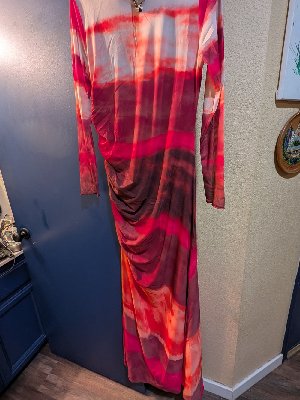 Luxury XL Pink Red Abstract Mesh Ruched Long Sleeve Maxi Dress NWT
